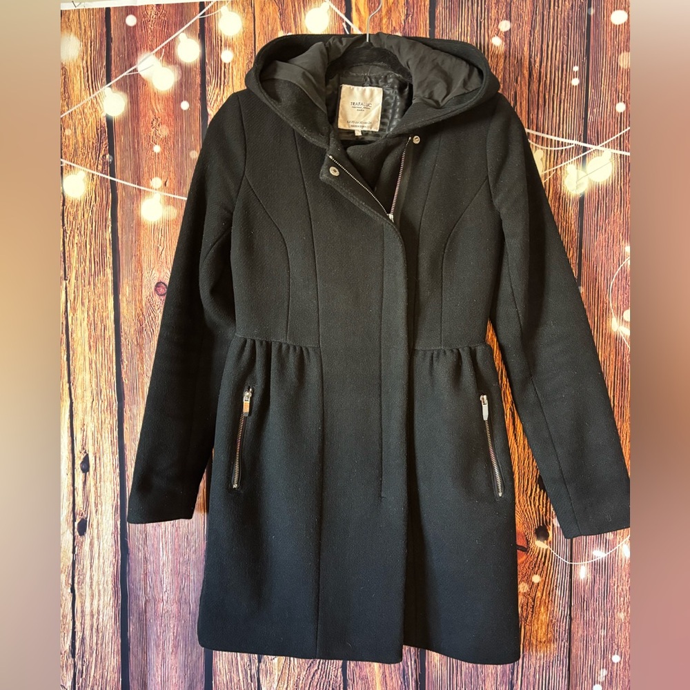 Zara Black Hooded Black Pea Coat